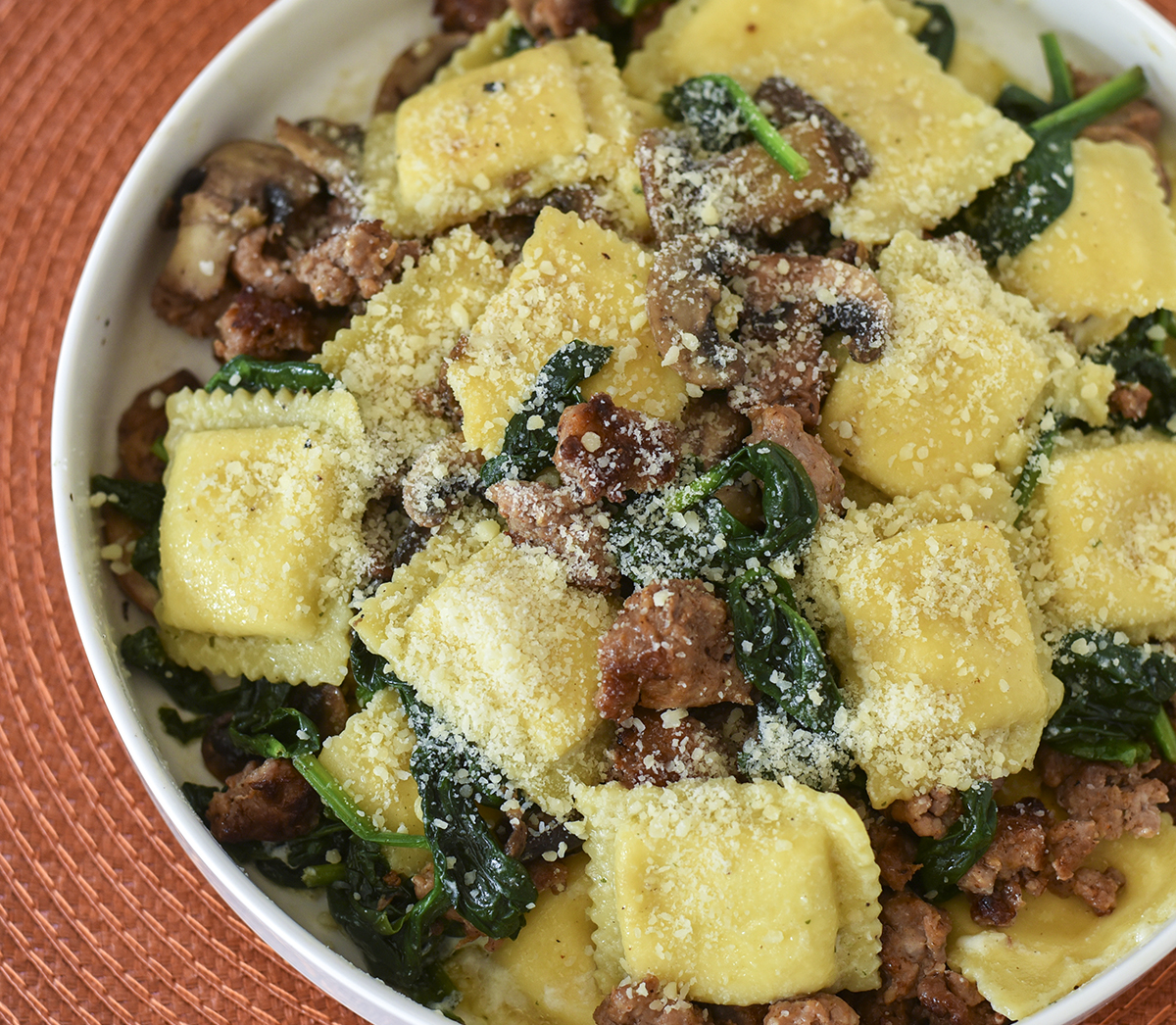 Four Cheese Ravioli with Italian Sausage, Spinach & Mushrooms ...