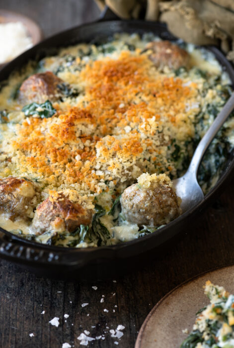 Baked Meatballs with Greens and Gruyere