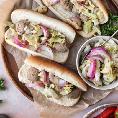 Beer-braised Meatball Sandwiches with Grilled Slaw