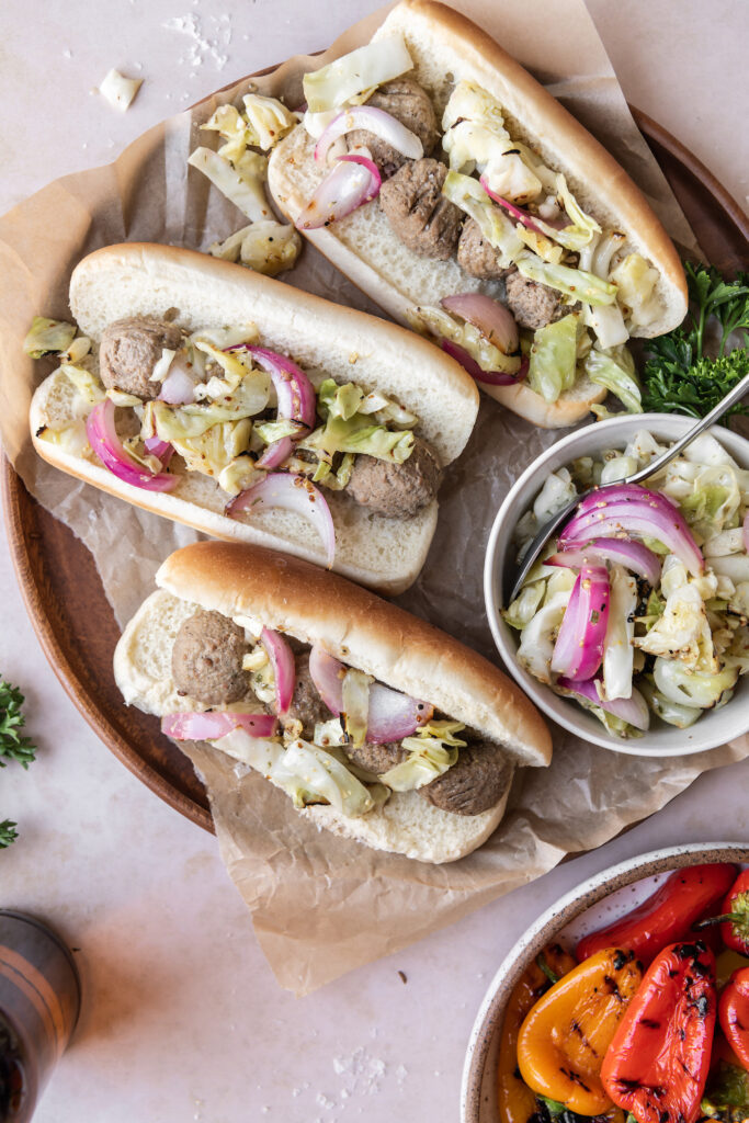 Beer-braised Meatball Sandwiches with Grilled Slaw