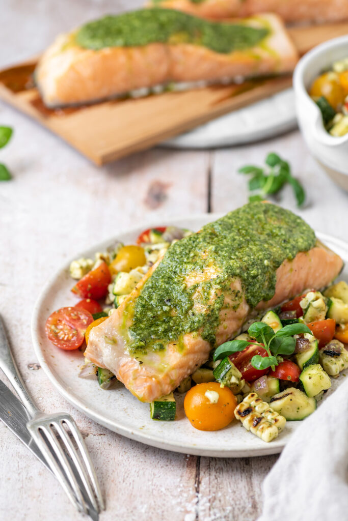 Cedar Plank Salmon with Grilled Summer Succotash