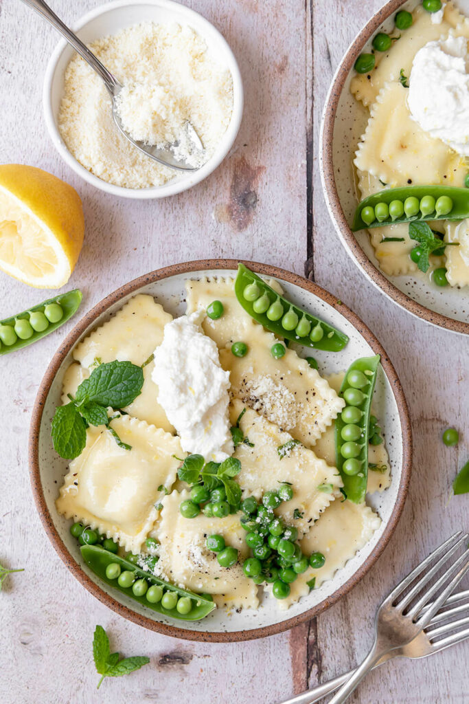 Cheese Ravioli with Fresh Peas, Lemon and Mint