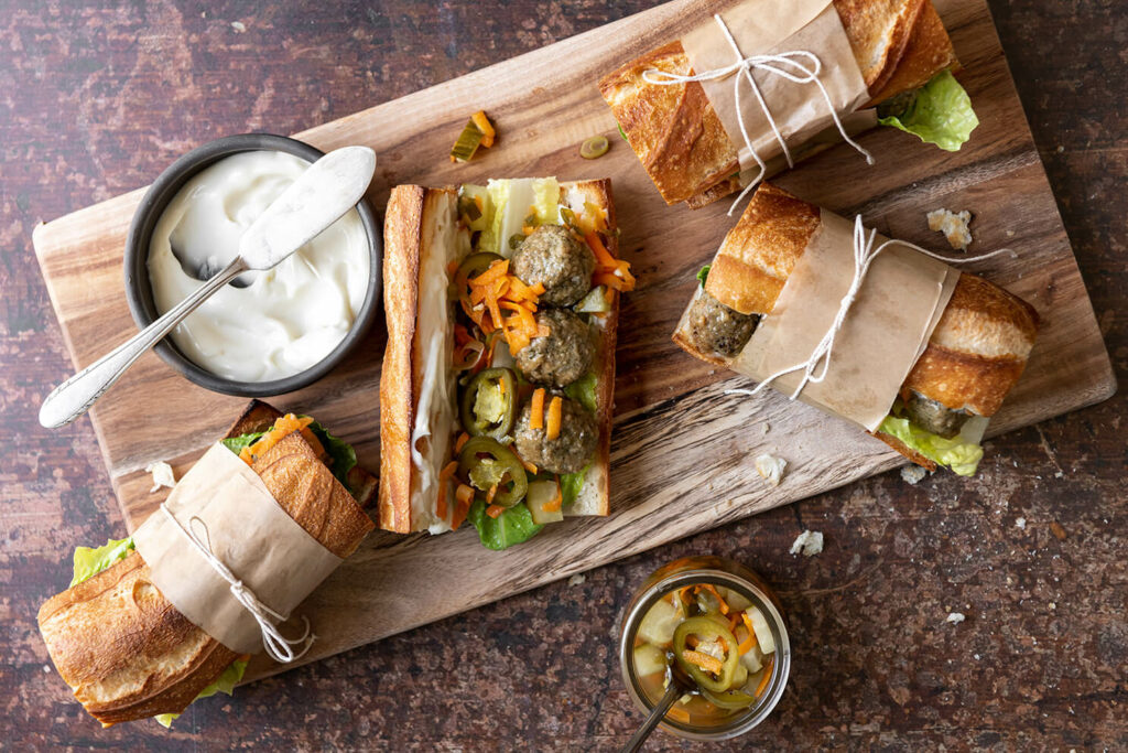 Ginger-Soy Meatball Subs with Spicy Pickles