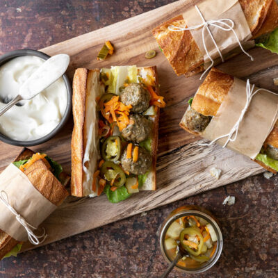 Ginger-Soy Meatball Subs with Spicy Pickles