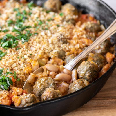 Meatball Cassoulet with Garlic Breadcrumbs