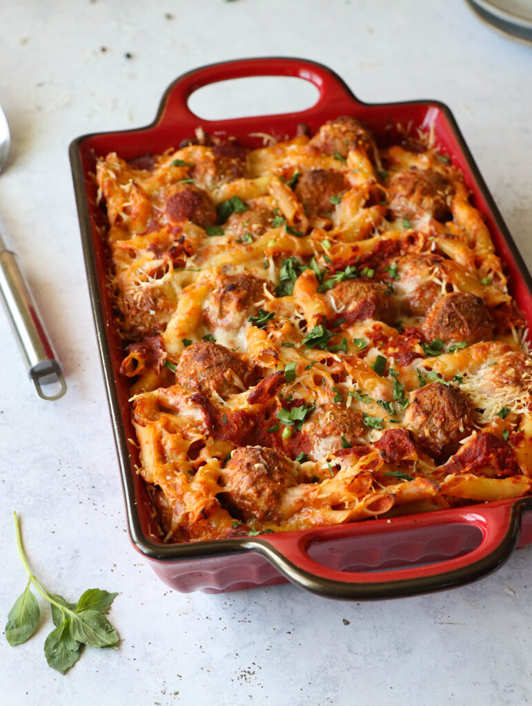 Baked Three Cheese Meatball Mostaccioli