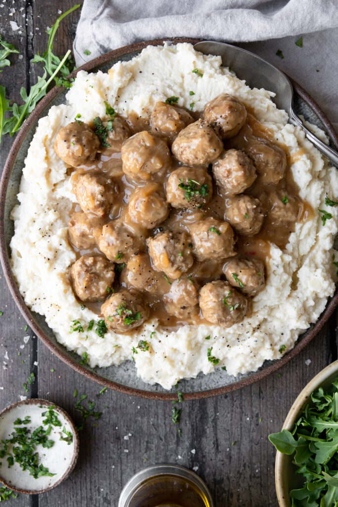 Meatballs with Caramelized Onion Gravy & Creamy Potatoes