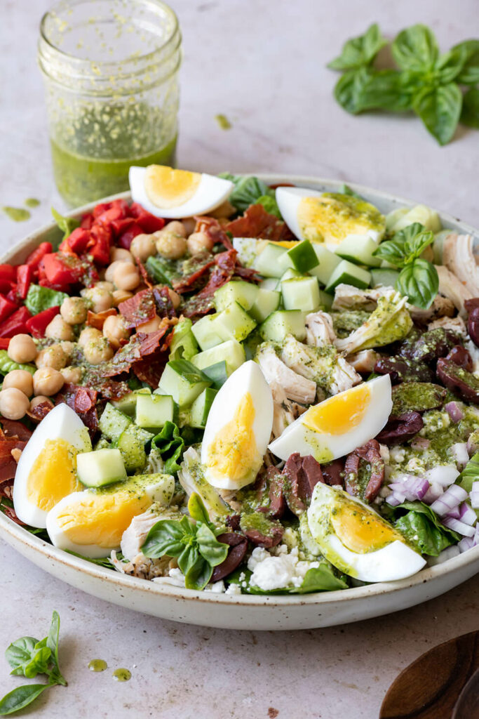 Mediterranean Cobb Salad with Pesto Vinaigrette