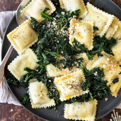 Ravioli with Garlicky Kale and Crispy Bread Crumbs