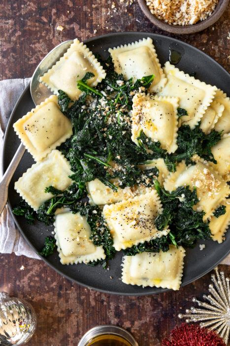Ravioli with Garlicky Kale and Crispy Bread Crumbs