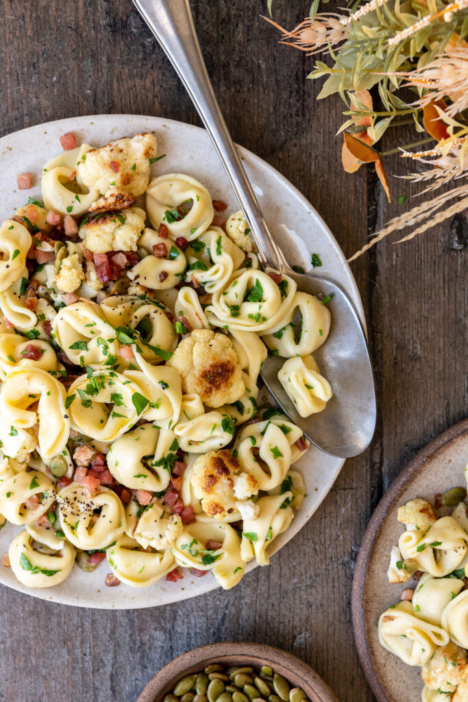 Roasted Cauliflower and Tortellini with Pancetta