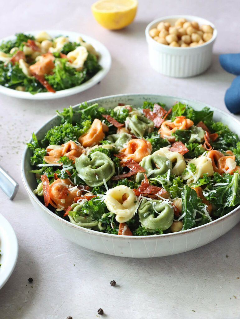 Tortellini Kale Salad with Crispy Salami & Garlic Vinaigrette