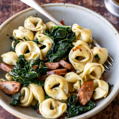 Toasted Tortellini with Kale and Sausage