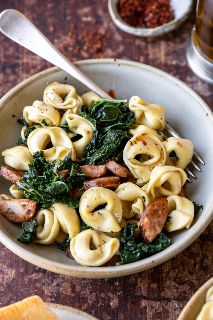 Toasted Tortellini with Kale and Sausage